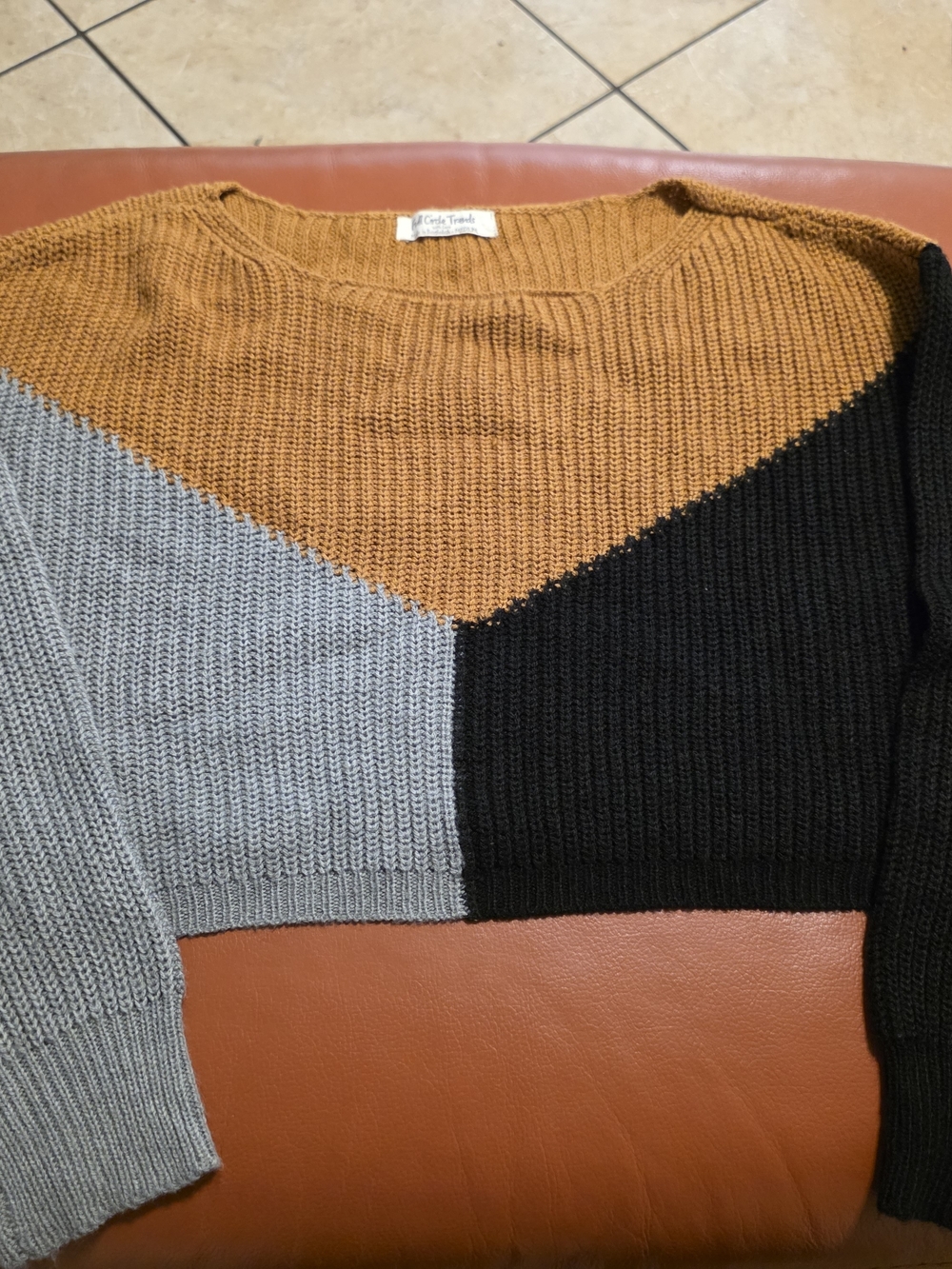Colorblock Off-the-Shoulder Sweater in Mustard, Gray & Black